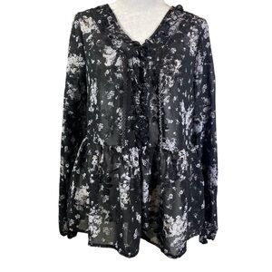 ALICE BLUE Women M Black Gray Lace detail peplum waist long sleeve ruffle blouse